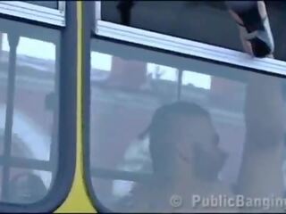 Crazy daring public bus dirty movie action in front of amazed passengers and strangers by a couple with a adorable babe and a boy with big prick doing a blowjob and a vaginal intercourse in a local transportation