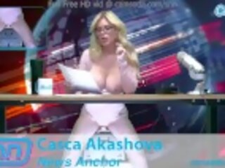 Ripened Big Tits beauty rides the sybian while reading news stories