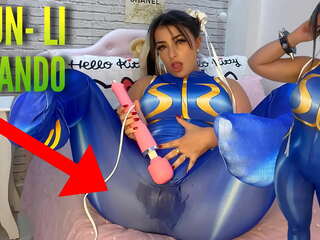 Provocative cosplay babe dressed as Chun Li from street fighter playing with her htachi vibrator cumming and soaking her panties and pants ahegao